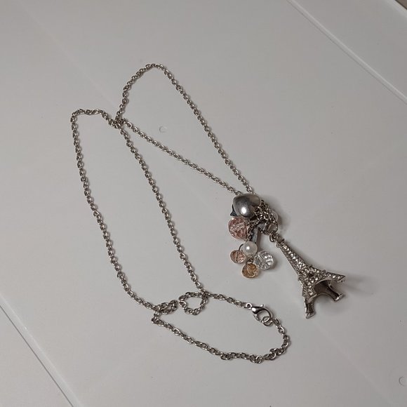 Long 32 Inch Necklace With Eiffel Tower, Plastic Beads, Heart, And Bow - Picture 1 of 10